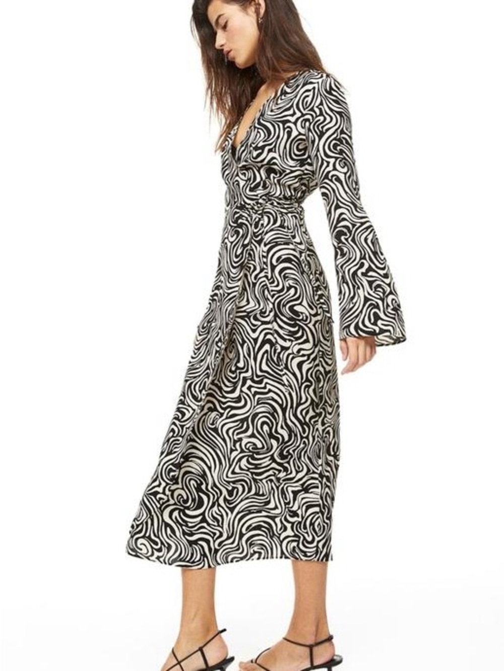 H&M Black & Cream Swirl-Print Long Sleeve Midi/Maxi Wrap Dress